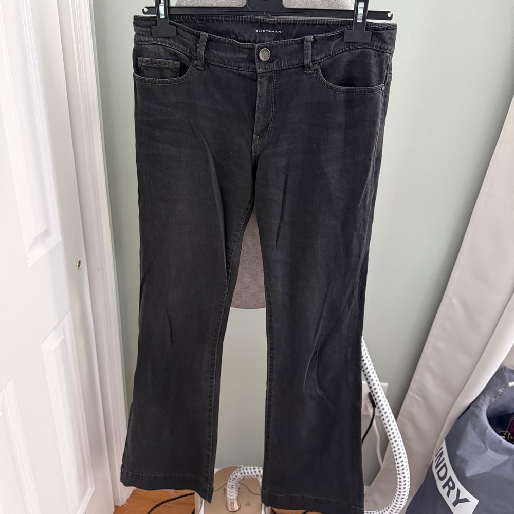 Elie Tahari Adena Flare Jeans Womens 10 Black Mid Rise Y2K Faded Denim Pants